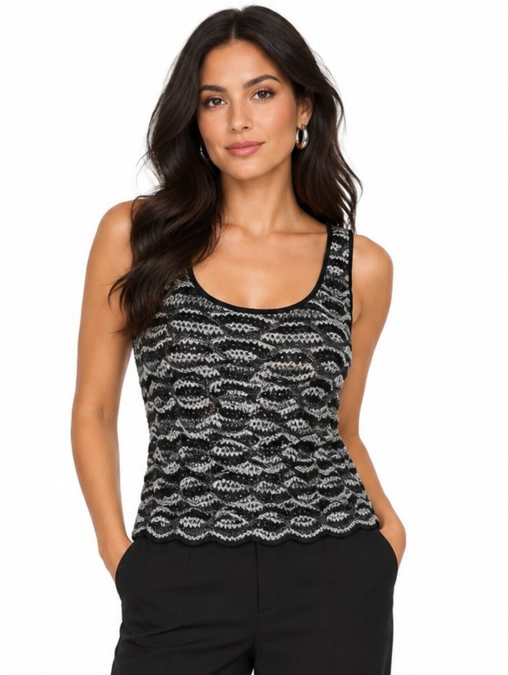 St. John Evening Marie Gray Black Silver Sequin Textured Knit Tank Top Large